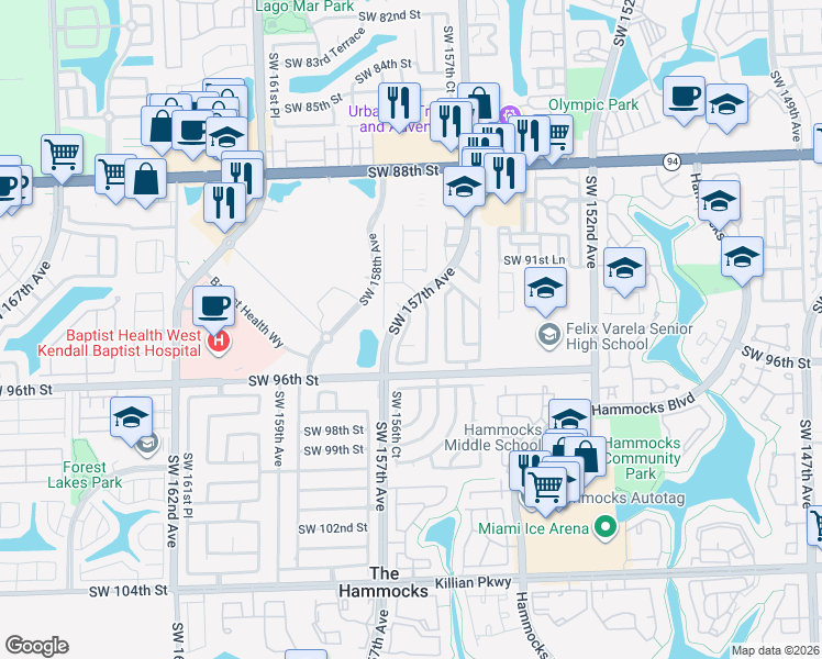 map of restaurants, bars, coffee shops, grocery stores, and more near 15553 Southwest 95th Street in Miami
