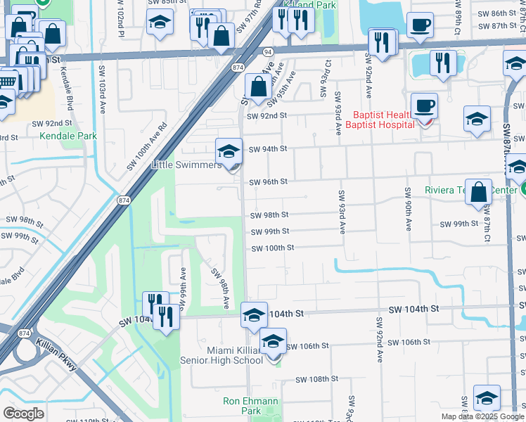 map of restaurants, bars, coffee shops, grocery stores, and more near 9751 Southwest 96th Court in Miami
