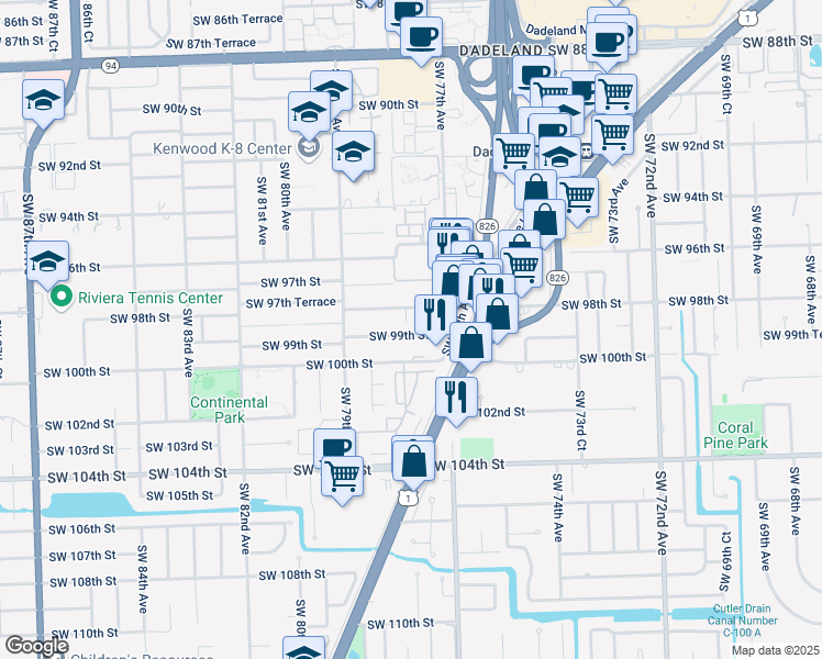 map of restaurants, bars, coffee shops, grocery stores, and more near 9835 Southwest 77th Place in Miami