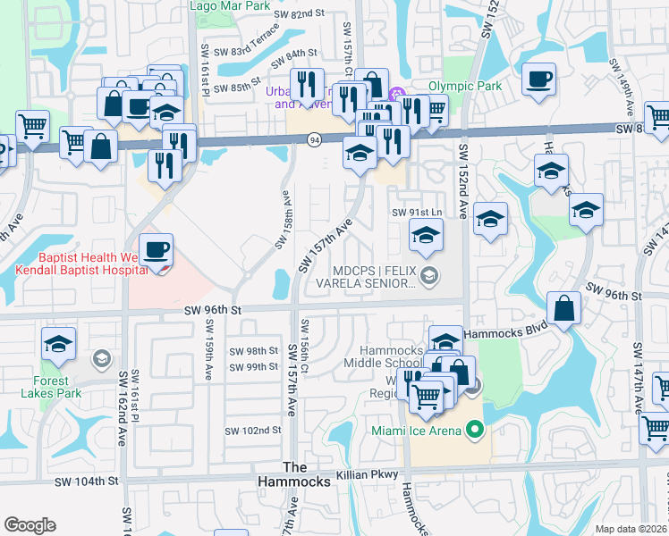 map of restaurants, bars, coffee shops, grocery stores, and more near 15553 Southwest 95th Street in Miami