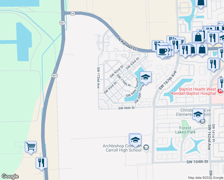 map of restaurants, bars, coffee shops, grocery stores, and more near 9322 Southwest 171st Avenue in Miami