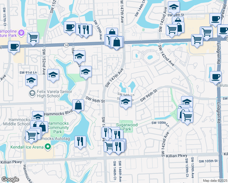 map of restaurants, bars, coffee shops, grocery stores, and more near 17058 Southwest 94th Lane in Miami