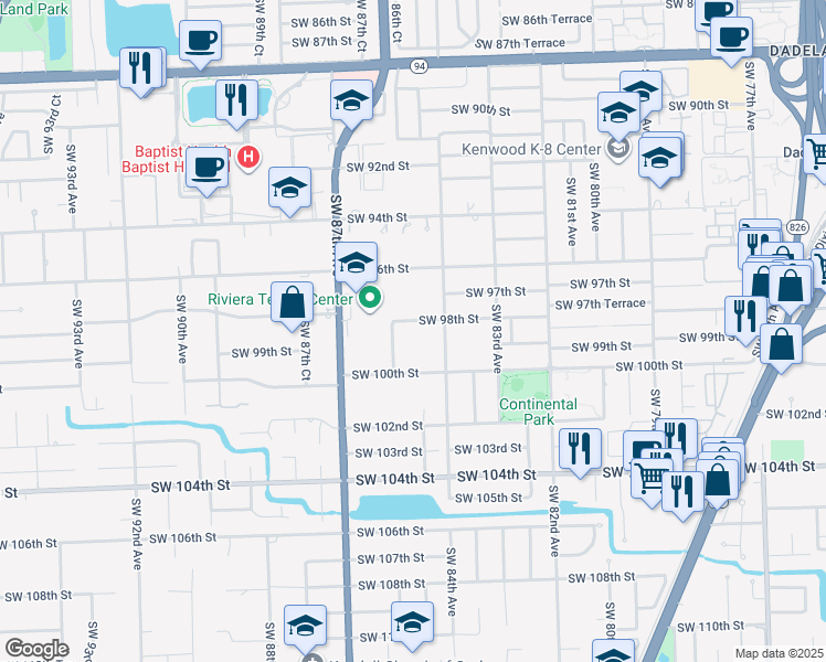 map of restaurants, bars, coffee shops, grocery stores, and more near 8450 Southwest 98th Street in Miami