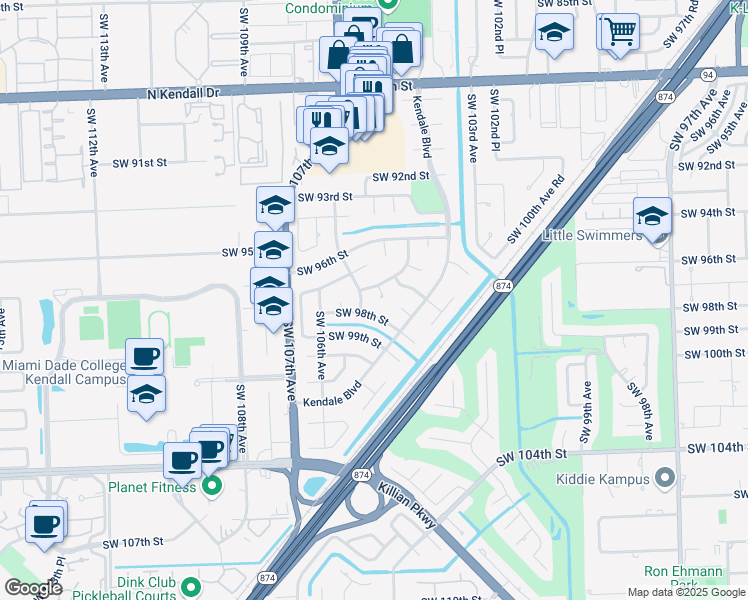 map of restaurants, bars, coffee shops, grocery stores, and more near 9710 Southwest 104th Court in Miami