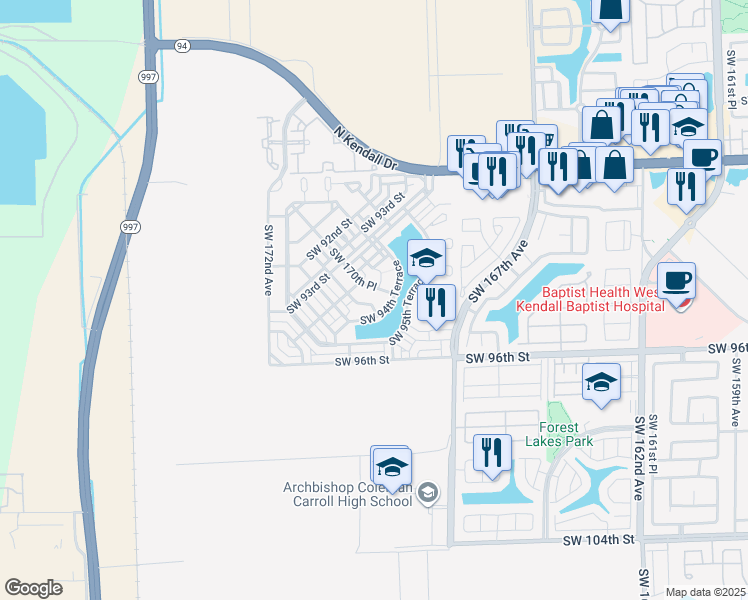 map of restaurants, bars, coffee shops, grocery stores, and more near 9465 Southwest 170th Path in Miami