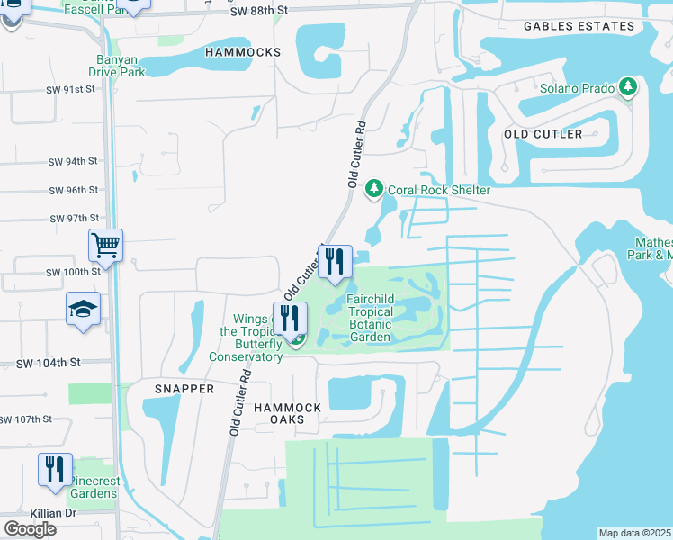 map of restaurants, bars, coffee shops, grocery stores, and more near 10901 Old Cutler Road in Coral Gables