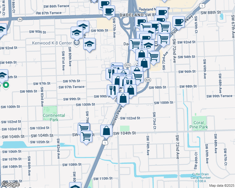 map of restaurants, bars, coffee shops, grocery stores, and more near 9840 Southwest 77th Avenue in Miami