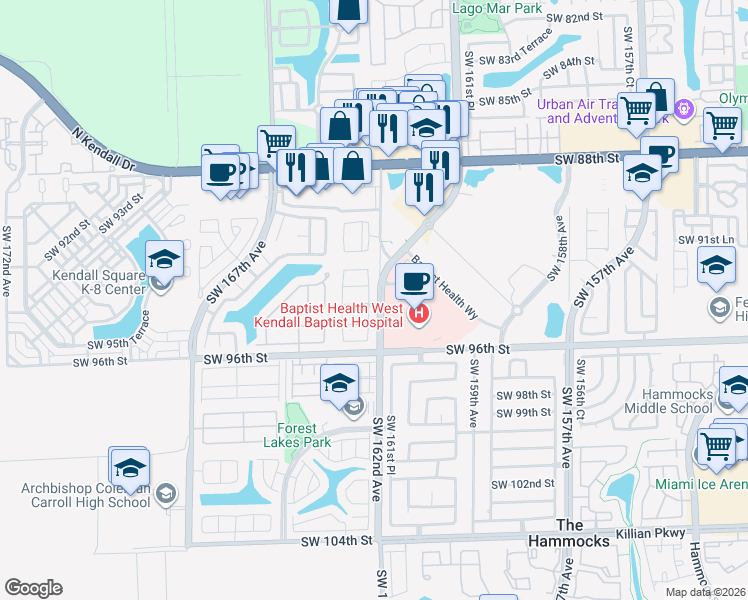 map of restaurants, bars, coffee shops, grocery stores, and more near 9375 Southwest 162nd Court in Miami