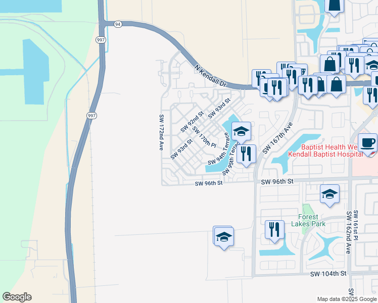 map of restaurants, bars, coffee shops, grocery stores, and more near 9423 Southwest 170th Place in Miami