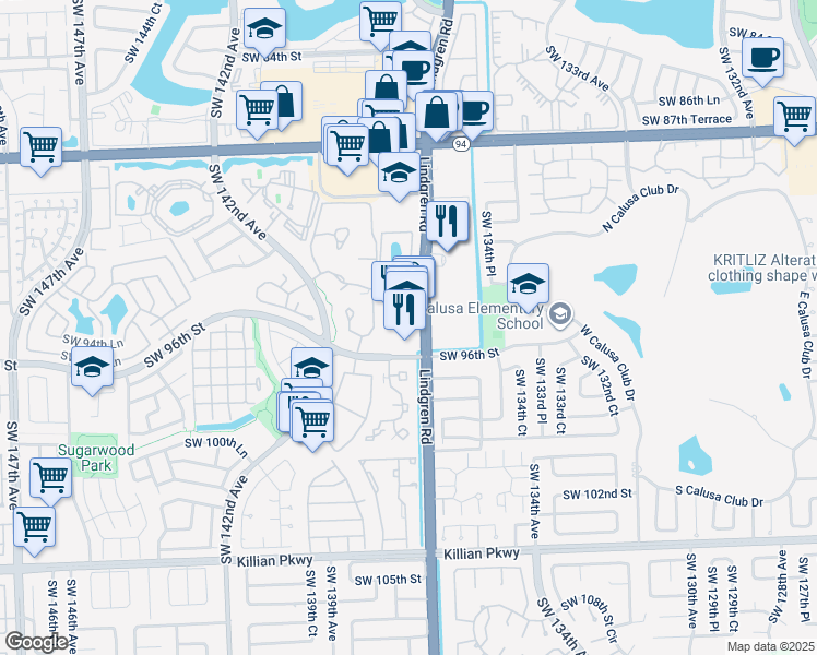 map of restaurants, bars, coffee shops, grocery stores, and more near 9 Southwest 138th Place in Miami