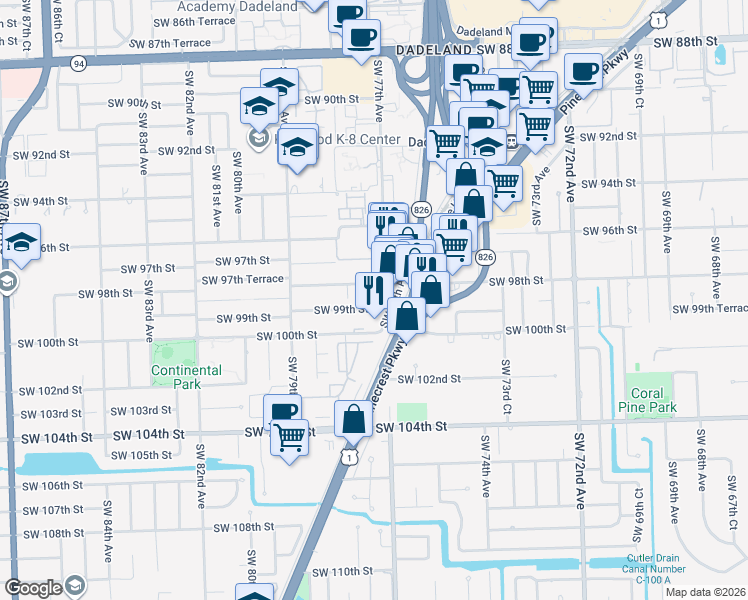map of restaurants, bars, coffee shops, grocery stores, and more near 7743 Southwest 99th Street in Miami