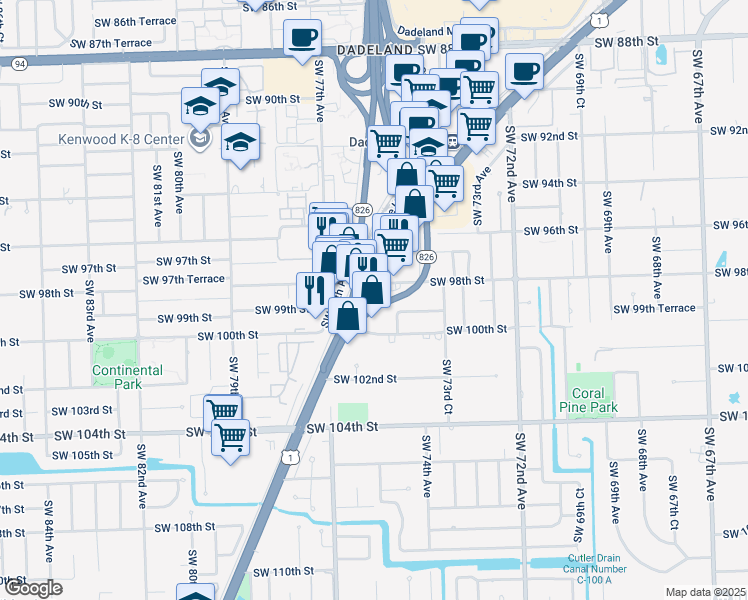 map of restaurants, bars, coffee shops, grocery stores, and more near 9875 South Dixie Highway in Miami