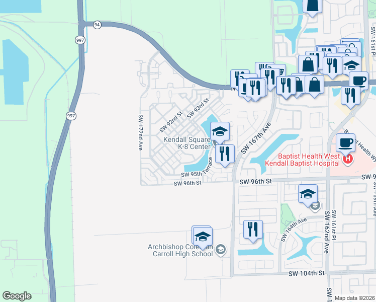 map of restaurants, bars, coffee shops, grocery stores, and more near 9465 Southwest 170th Path in Miami