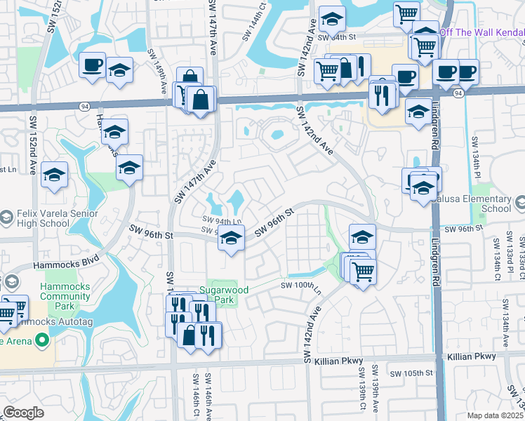 map of restaurants, bars, coffee shops, grocery stores, and more near 14451 Southwest 95th Lane in Miami