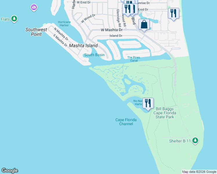 map of restaurants, bars, coffee shops, grocery stores, and more near Unnamed Road in Key Biscayne