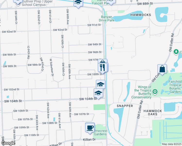 map of restaurants, bars, coffee shops, grocery stores, and more near 5830 Southwest 100th Street in Pinecrest