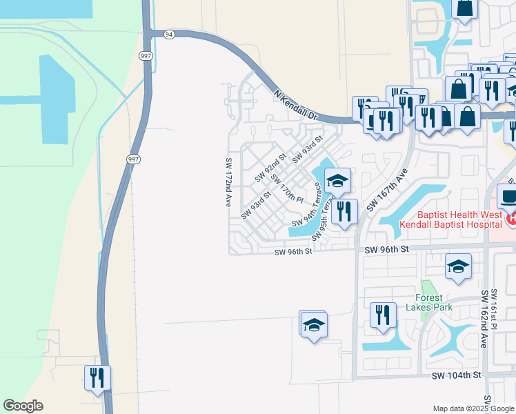 map of restaurants, bars, coffee shops, grocery stores, and more near 9322 Southwest 171st Avenue in Miami
