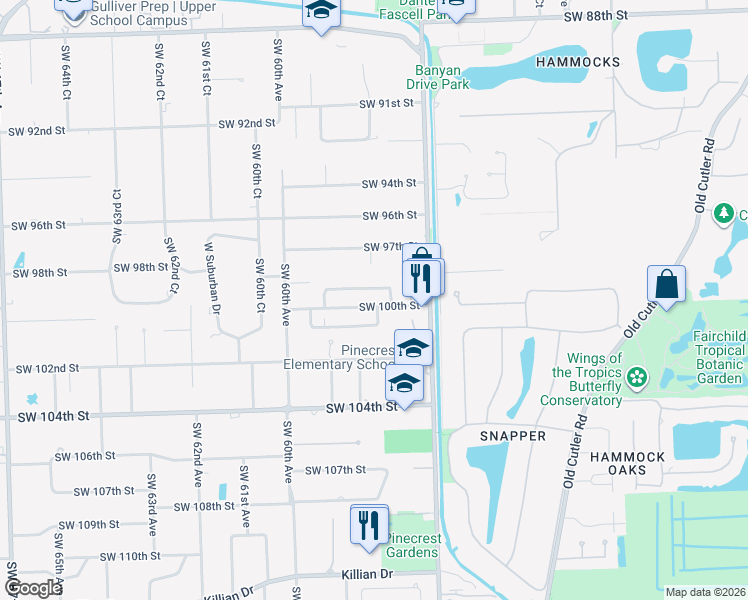 map of restaurants, bars, coffee shops, grocery stores, and more near 5830 Southwest 100th Street in Pinecrest