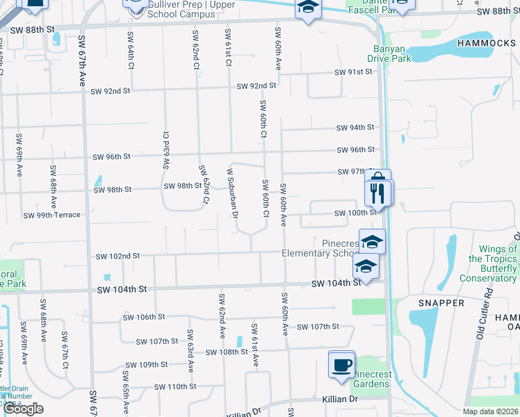 map of restaurants, bars, coffee shops, grocery stores, and more near 9940 Southwest 60th Court in Pinecrest