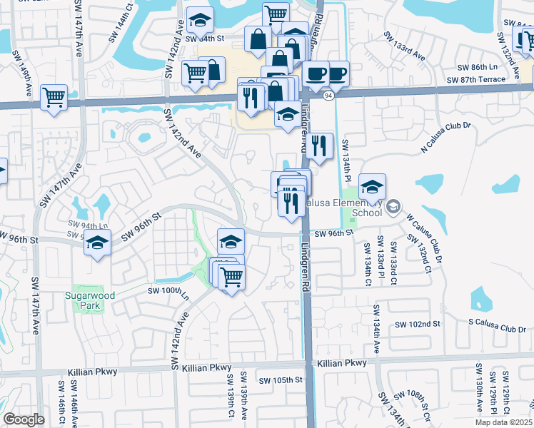 map of restaurants, bars, coffee shops, grocery stores, and more near 9526 Southwest 140th Court in Miami