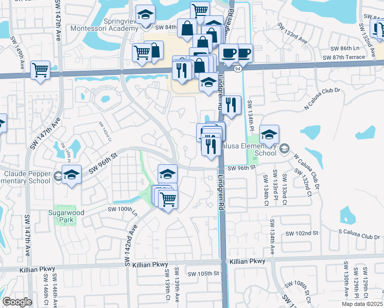 map of restaurants, bars, coffee shops, grocery stores, and more near 9526 Southwest 140th Court in Miami