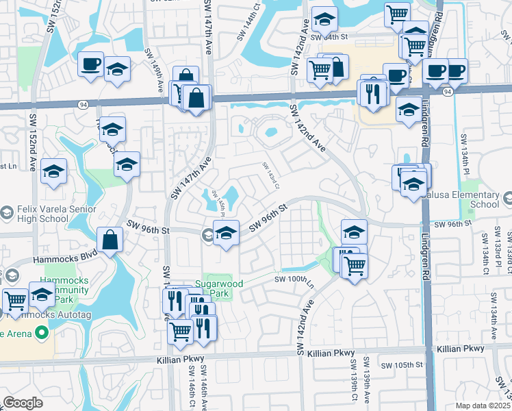 map of restaurants, bars, coffee shops, grocery stores, and more near 14451 Southwest 95th Lane in Miami