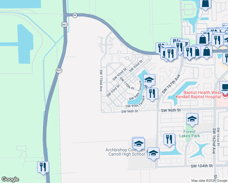 map of restaurants, bars, coffee shops, grocery stores, and more near 9322 Southwest 171st Avenue in Miami