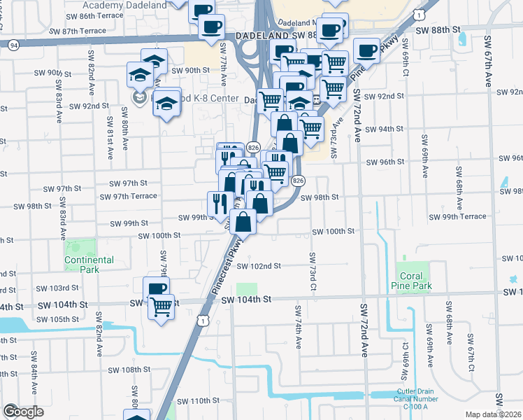 map of restaurants, bars, coffee shops, grocery stores, and more near 9875 South Dixie Highway in Miami