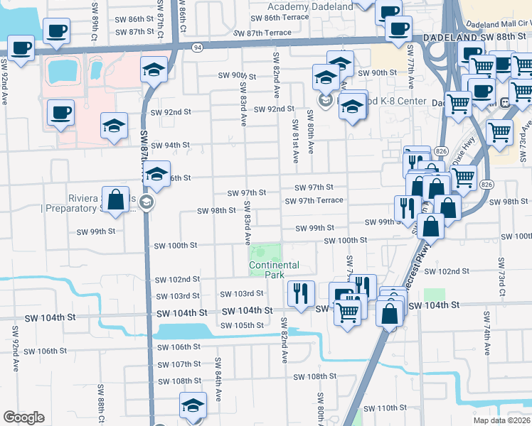 map of restaurants, bars, coffee shops, grocery stores, and more near 8235 Southwest 99th Street in Miami