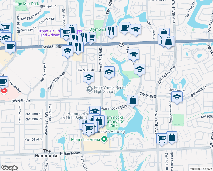 map of restaurants, bars, coffee shops, grocery stores, and more near 15166 Southwest 94th Terrace in Miami