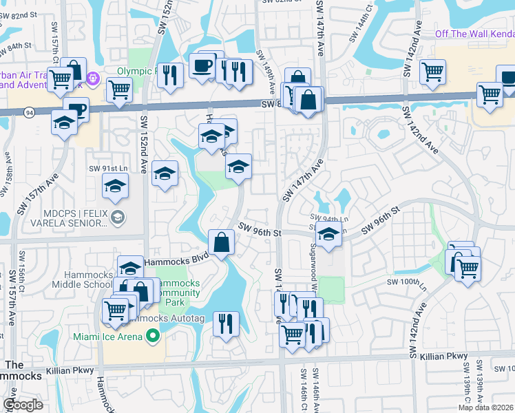 map of restaurants, bars, coffee shops, grocery stores, and more near 9576 Southwest 148th Avenue Circle East in Miami