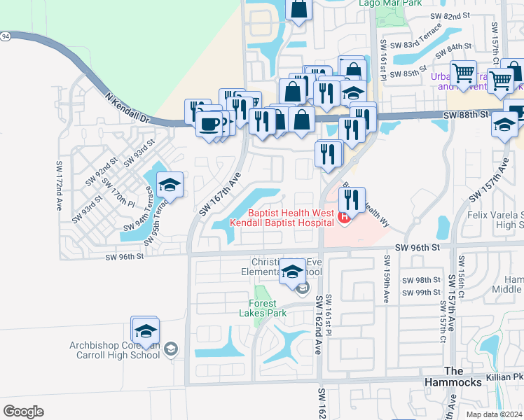 map of restaurants, bars, coffee shops, grocery stores, and more near 9351 Southwest 164th Court in Miami