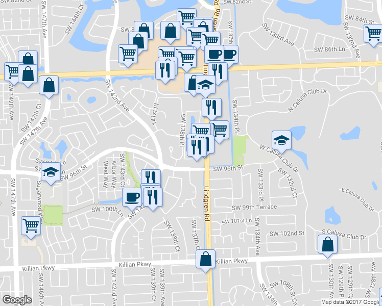 map of restaurants, bars, coffee shops, grocery stores, and more near 9 Southwest 138th Place in Miami