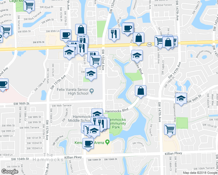 map of restaurants, bars, coffee shops, grocery stores, and more near 15166 Southwest 94th Terrace in Miami