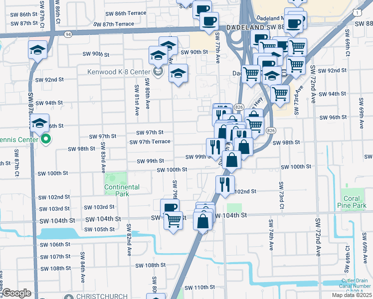 map of restaurants, bars, coffee shops, grocery stores, and more near 7855 Southwest 99th Street in Kendall