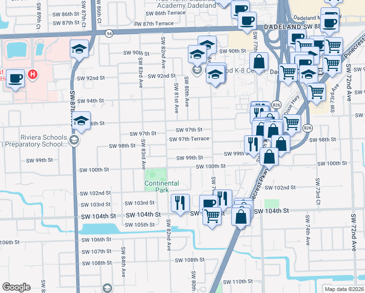map of restaurants, bars, coffee shops, grocery stores, and more near 7985 Southwest 99th Street in Kendall