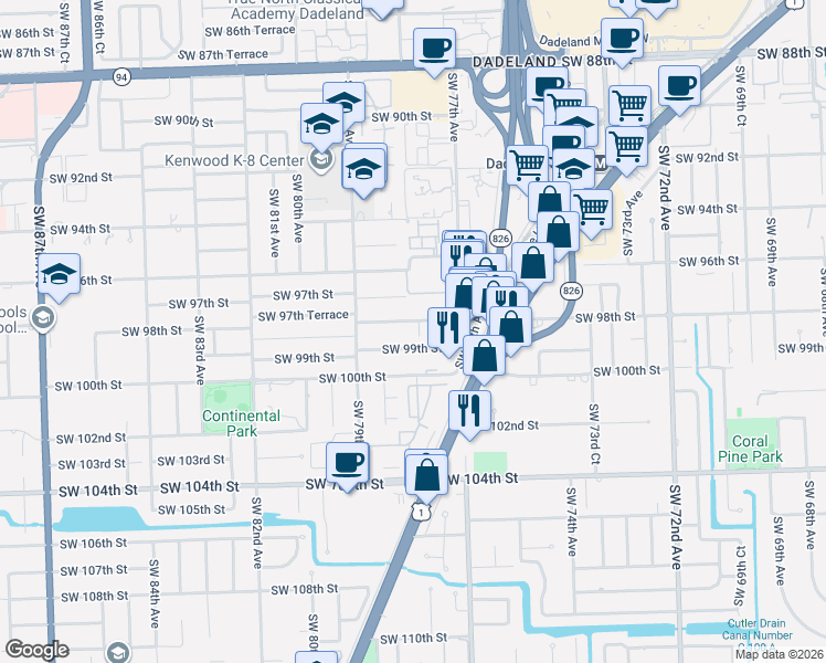 map of restaurants, bars, coffee shops, grocery stores, and more near 9835 Southwest 77th Place in Miami