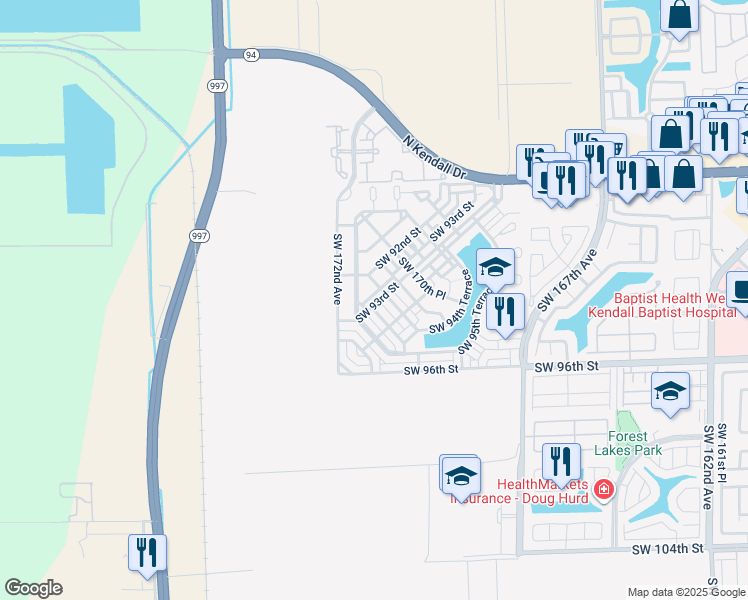 map of restaurants, bars, coffee shops, grocery stores, and more near 9322 Southwest 171st Avenue in Miami