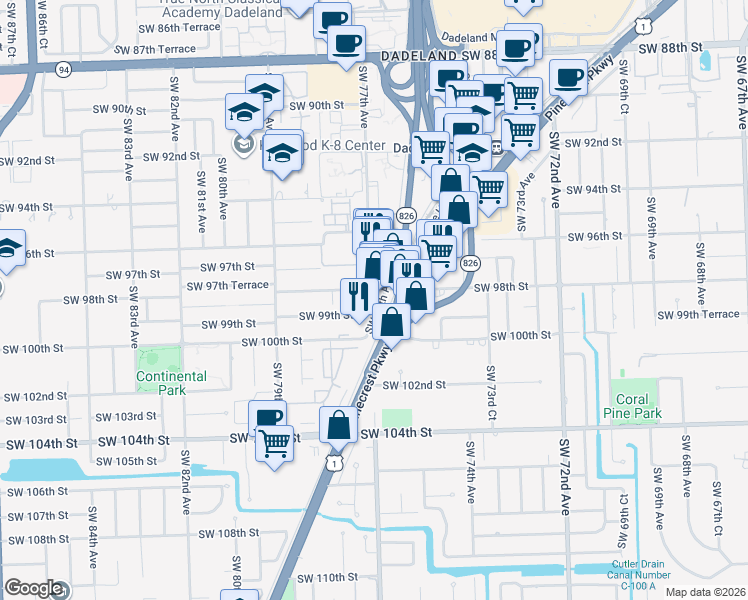 map of restaurants, bars, coffee shops, grocery stores, and more near 9840 Southwest 77th Avenue in Miami