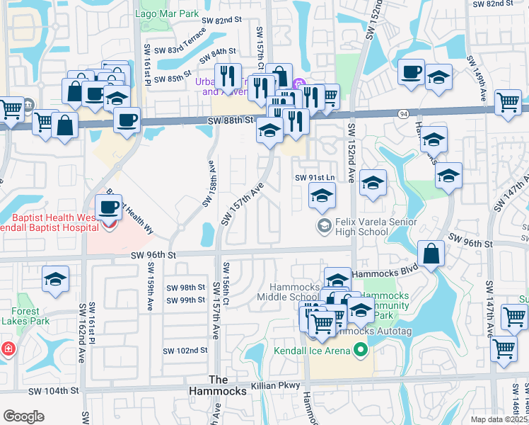 map of restaurants, bars, coffee shops, grocery stores, and more near 9280 Southwest 154th Court in Miami
