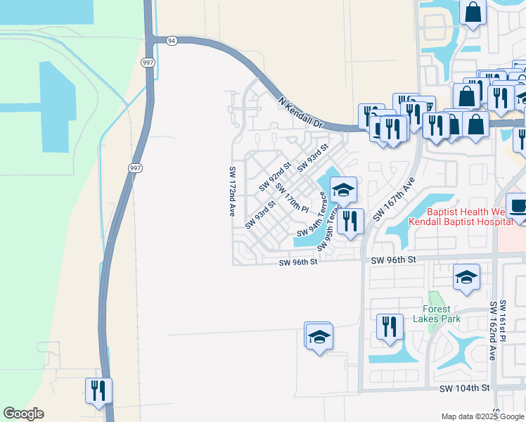 map of restaurants, bars, coffee shops, grocery stores, and more near 9322 Southwest 171st Avenue in Miami