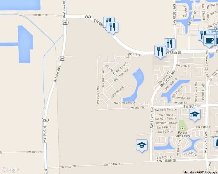 map of restaurants, bars, coffee shops, grocery stores, and more near 9322 Southwest 171st Avenue in Miami