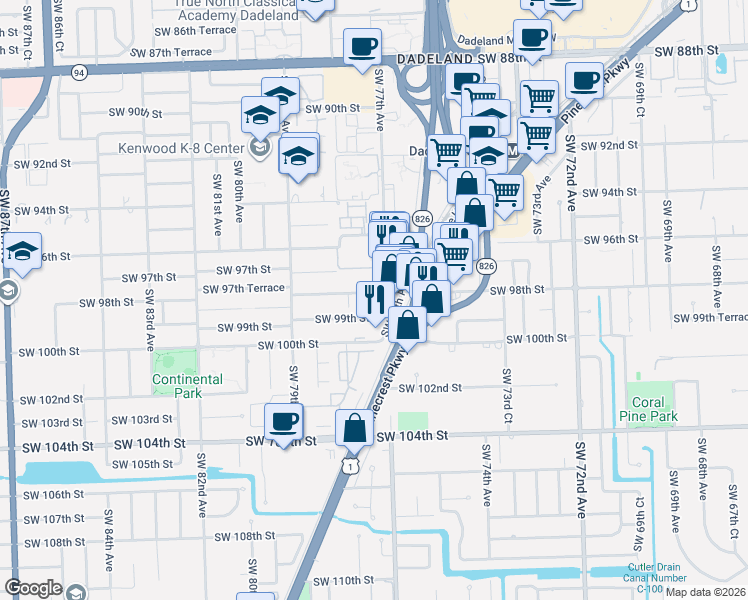 map of restaurants, bars, coffee shops, grocery stores, and more near 9840 Southwest 77th Avenue in Miami