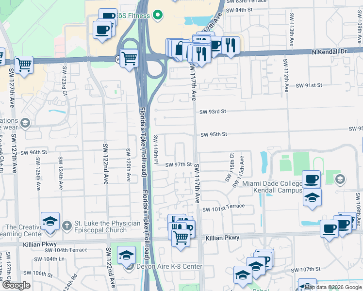 map of restaurants, bars, coffee shops, grocery stores, and more near 9612 Southwest 117th Avenue in Miami
