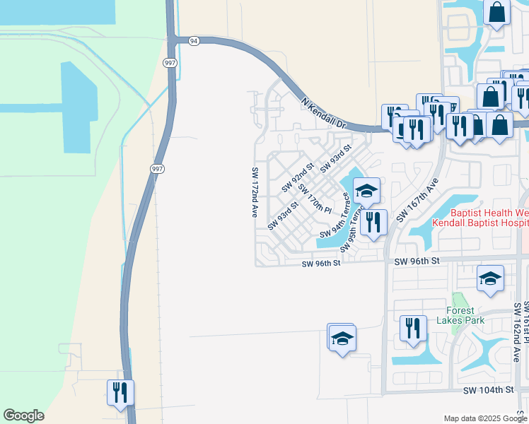 map of restaurants, bars, coffee shops, grocery stores, and more near 9283 Southwest 172nd Avenue in Miami