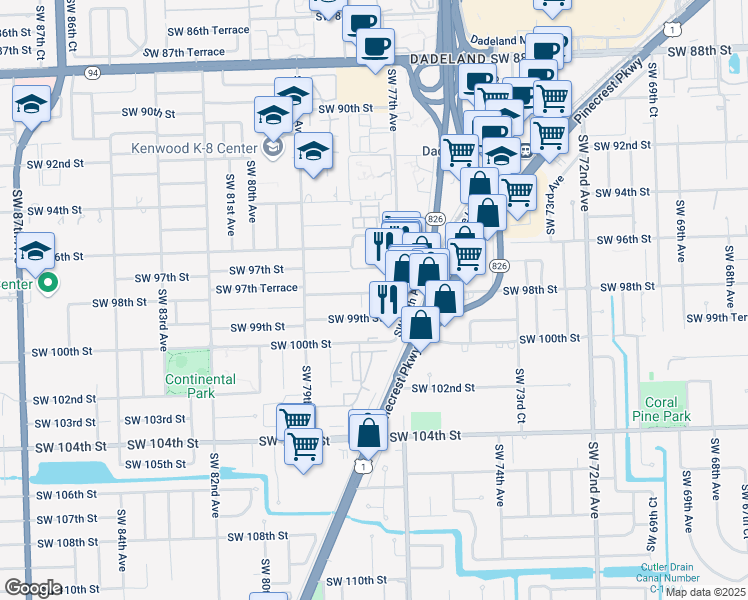 map of restaurants, bars, coffee shops, grocery stores, and more near 9835 Southwest 77th Place in Miami