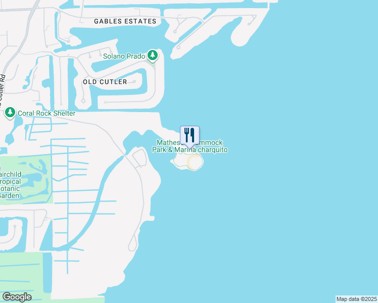 map of restaurants, bars, coffee shops, grocery stores, and more near 9610 Old Cutler Road in Coral Gables