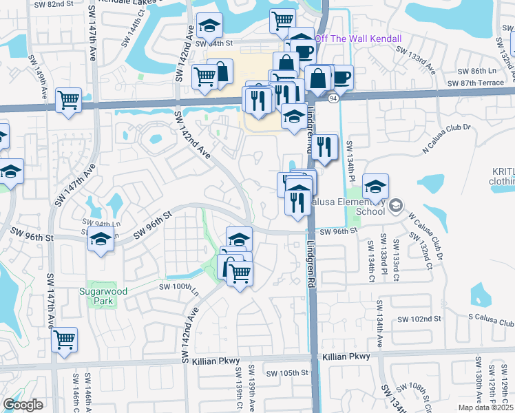 map of restaurants, bars, coffee shops, grocery stores, and more near 9409 Southwest 140th Court in Miami