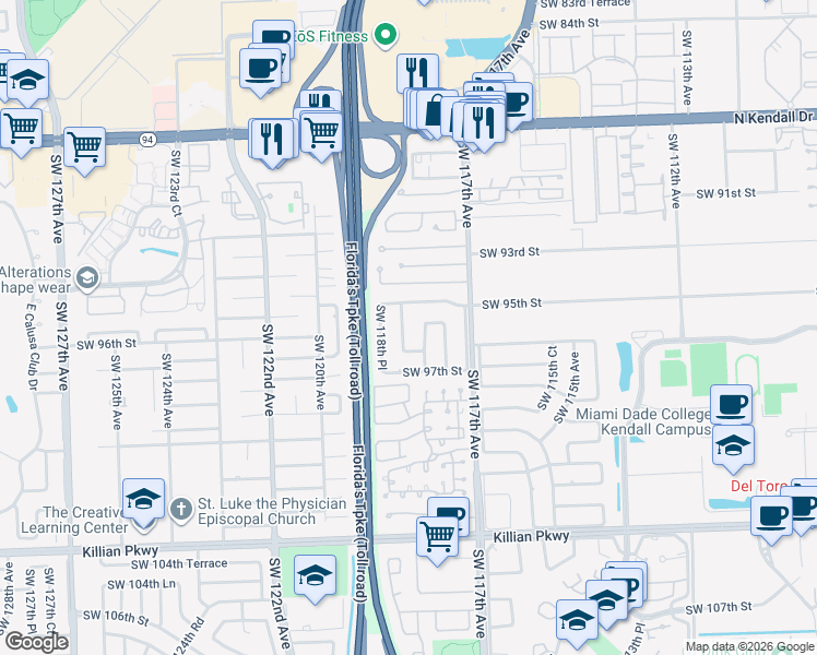 map of restaurants, bars, coffee shops, grocery stores, and more near 11812 Southwest 95th Street in Miami