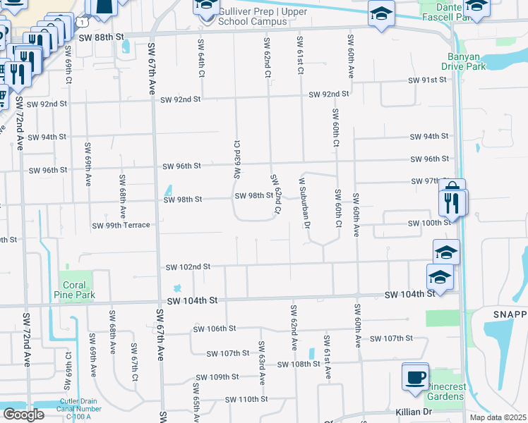 map of restaurants, bars, coffee shops, grocery stores, and more near 6280 Southwest 98th Street in Miami